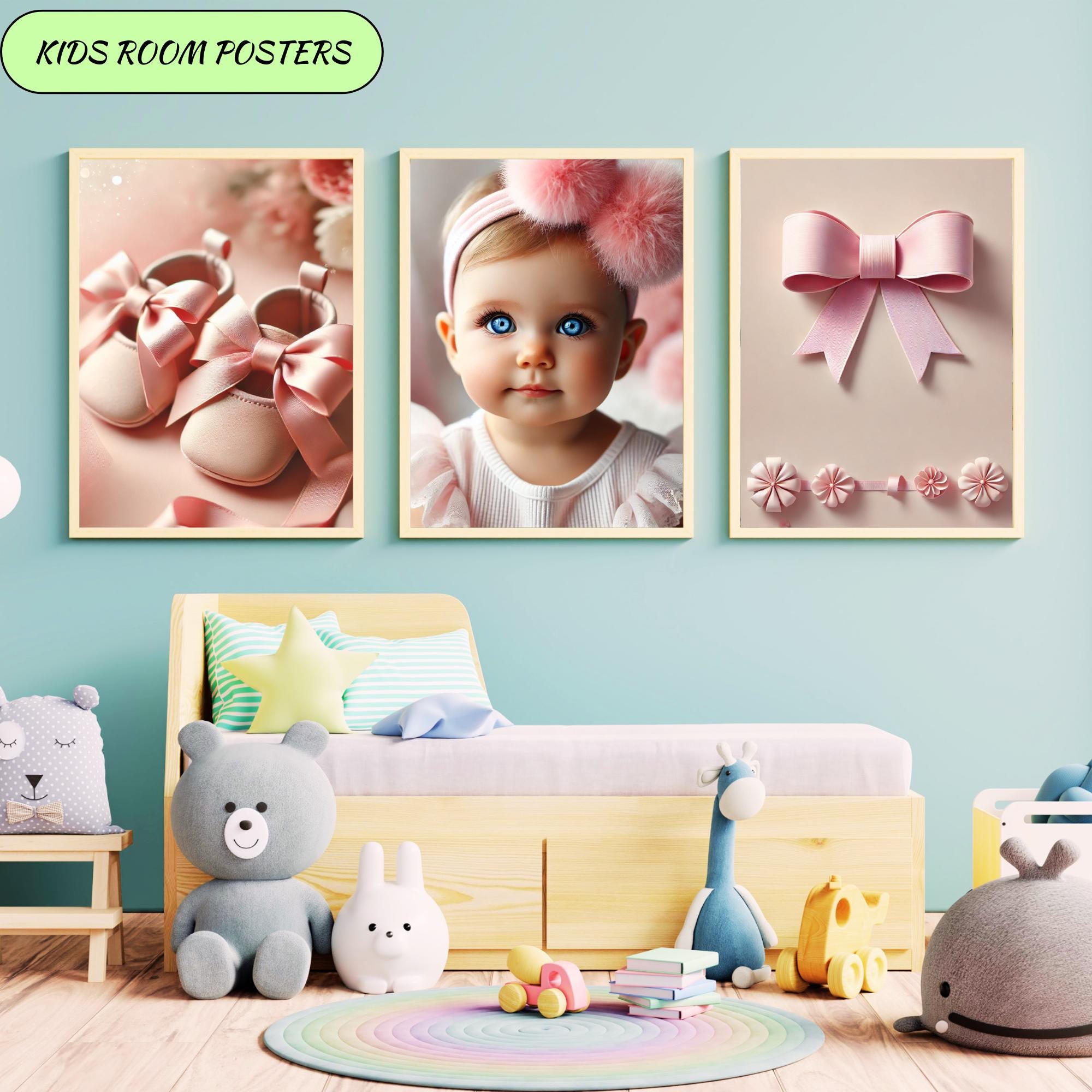 Set di decorazioni murali rosa per la cameretta dei bambini: stampe di accessori per neonati (download digitale)