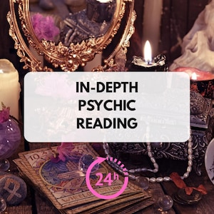 May include: An ornate gold mirror and lit candles frame a stack of tarot cards. The text "IN-DEPTH PSYCHIC READING" is displayed on a white rectangle. A pink circle with the text "24h" and an arrow is also visible.