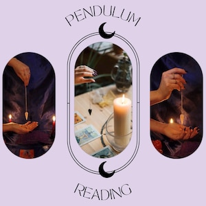 Puede incluir: Imagen con las palabras "PENDULUM READING" en una fuente decorativa. La imagen presenta tres marcos ovalados con manos sosteniendo péndulos, velas y cartas del tarot, sugiriendo un tema espiritual o de adivinación.