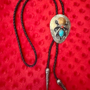 Vintage 1970s Sterling Silver Bolo Tie with Turquoise, Coral & 1897 Indian Head Penny – Southwestern Navajo Style Western Wear - Estate Item