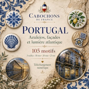 Puede incluir: Una colección digital de 105 motivos de cabujones con patrones de azulejos portugueses, escenas costeras y diseños arquitectónicos. El texto incluye Cabochons de France, Portugal, Azulejos, façades et lumière atlantique, 105 motifs, 3 tailles : 18 mm, 20 mm, 25 mm y Téléchargement numérique.
