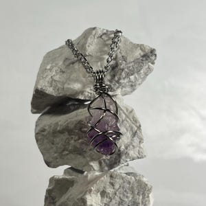 Amethyst Crystal Steel Wire-wrapped Pendant Necklace (Rough 1)