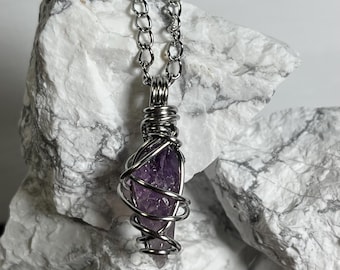 Amethyst Crystal Steel Wire-wrapped Pendant Necklace (Rough 5)
