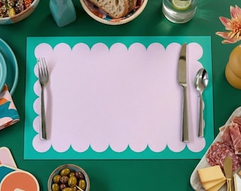 Scallop Paper Placemats  – Reusable Laminated or Disposable Paper | Full color scalloped table mats, Pink, Olive, Mint, Fuchsia, Red