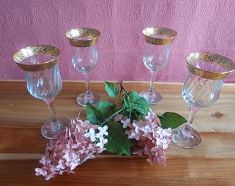 4 24 Carat Crystal Wine Glasses Cristalleria Fratelli Fumo Bros Italy Gold Rim/Rim Drinkware Vintage Gold Fluted Water Goblet Cup