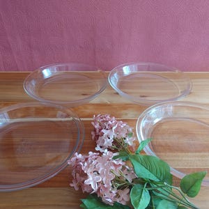 Puede incluir: Cuatro fuentes ovaladas de vidrio transparente dispuestas sobre una superficie de madera. Una ramita de flores rosas con hojas verdes se coloca cerca de las fuentes. El fondo es una pared rosa texturizada.