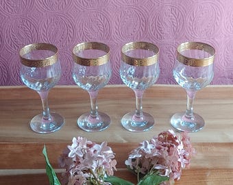 4 24 Carat Crystal Wine Glasses Cristalleria Fratelli Fumo Bros Italy Gold Rim/Rim Drinkware Vintage Gold Fluted Water Goblet Cup