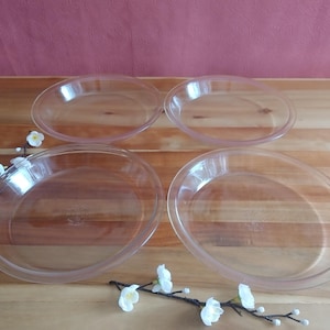 Peut inclure: Quatre assiettes transparentes de forme ovale sont disposées sur une surface en bois. Les assiettes ont une teinte légèrement rosée. Des fleurs blanches sont placées près des assiettes. L'arrière-plan est rose uni.