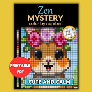 Op de afbeelding: Omslag van een digitaal kleurboek met een gepixeld dier met een bloemenkroon. De tekst luidt "Zen MYSTERY color by number" en "CUTE AND CALM". Een rode cirkel zegt "PRINTABLE PDF".