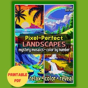 Landscapes Mystery Mosaic Color by Number PDF | Printable Nature Scenes | Scenic Travel Pixel Art Coloring | Hidden Image Puzzle