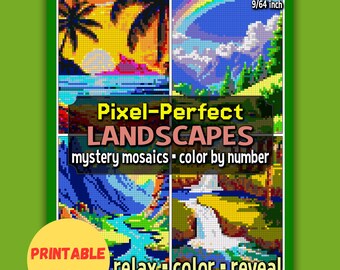 Paisajes: Mosaico misterioso para colorear por números (PDF) / Escenas de la naturaleza imprimibles / Viajes escénicos: Pixel Art para colorear / Rompecabezas con imágenes ocultas