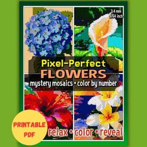 Flowers Mystery Mosaic Color by Number PDF | Printable Botanical Coloring | Digital Garden Lover Gift | Floral Pixel Art Hidden Image Puzzle
