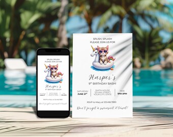 Editable Pool Party Invitation: Swim Birthday, Canva Template (Digital Download)