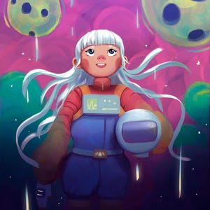 Viaggio a Estrellas – Stampa artistica A3 di una ragazza astronauta – Arte murale spaziale per bambini – Illustrazione firmata Dreamy Nursery