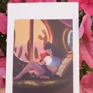 Libro e fusa – Stampa artistica A3 accogliente – Illustrazione di una ragazza pacifica e di un animale domestico – Poster del momento di quiete firmato a mano