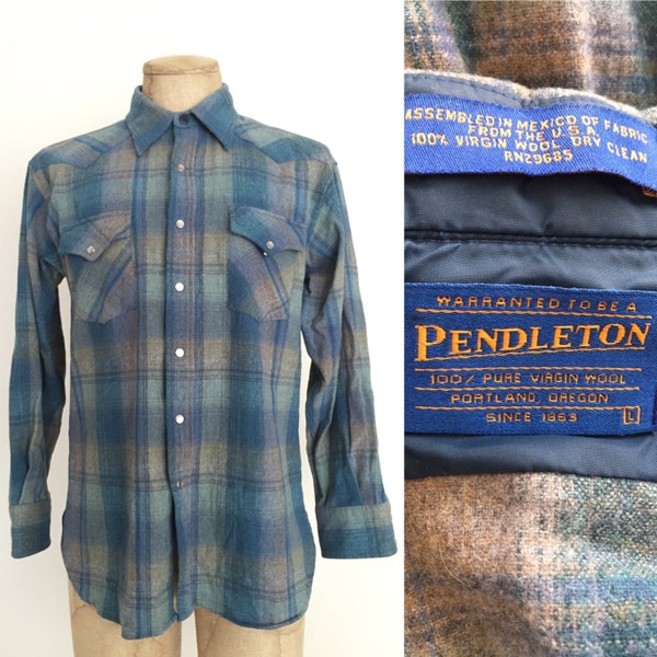 1970's Pendleton Blue Plaid Button Up Men's Sz Large by Maeberry Vintage