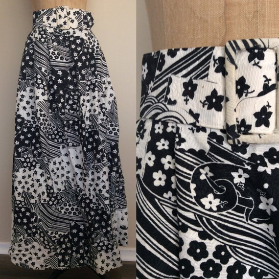 1970's Psychedelic Elephant Print Maxi Skirt Black