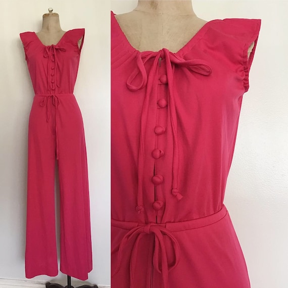 1970’s Hot Pink Polyester Jumpsuit w/ Drawstring W