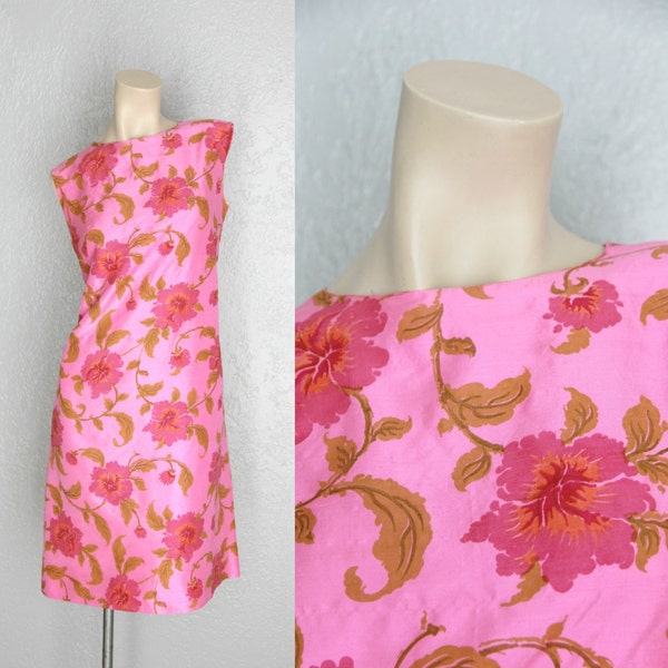 1960's. floral print. shift dress. bright pink dress. vintage dress. Sz l.