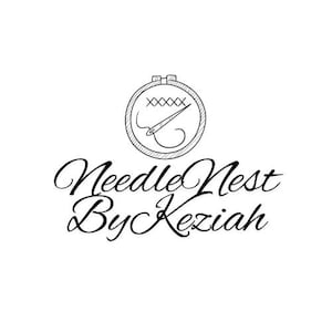 May include: Black and white logo for "Needle Nest By Keziah". The logo features a circular embroidery hoop with a needle and thread, and the text is in a cursive font.