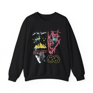 Sudadera unisex artística, acogedora sudadera vintage de cuello redondo con vibras positivas, moda informal, regalo único para amigos, perfecta para el día a día.