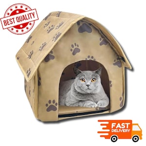 Foldable Cat Tent Bed – Cute Cartoon-Style Indoor Cat House with Reusable Mat – Soft, Warm Cave for Kittens & Small Dogs (Brown)