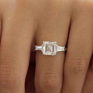 Asscher Cut Lab Diamond Trilogy Ring: 14k White Gold Baguette Sides
