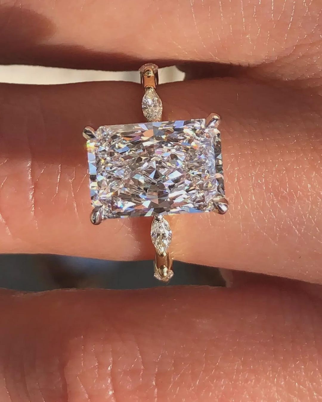 3CT Radiant Cut Lab Grown Diamond Engagement Ring, 14K Gold Pave Band ...