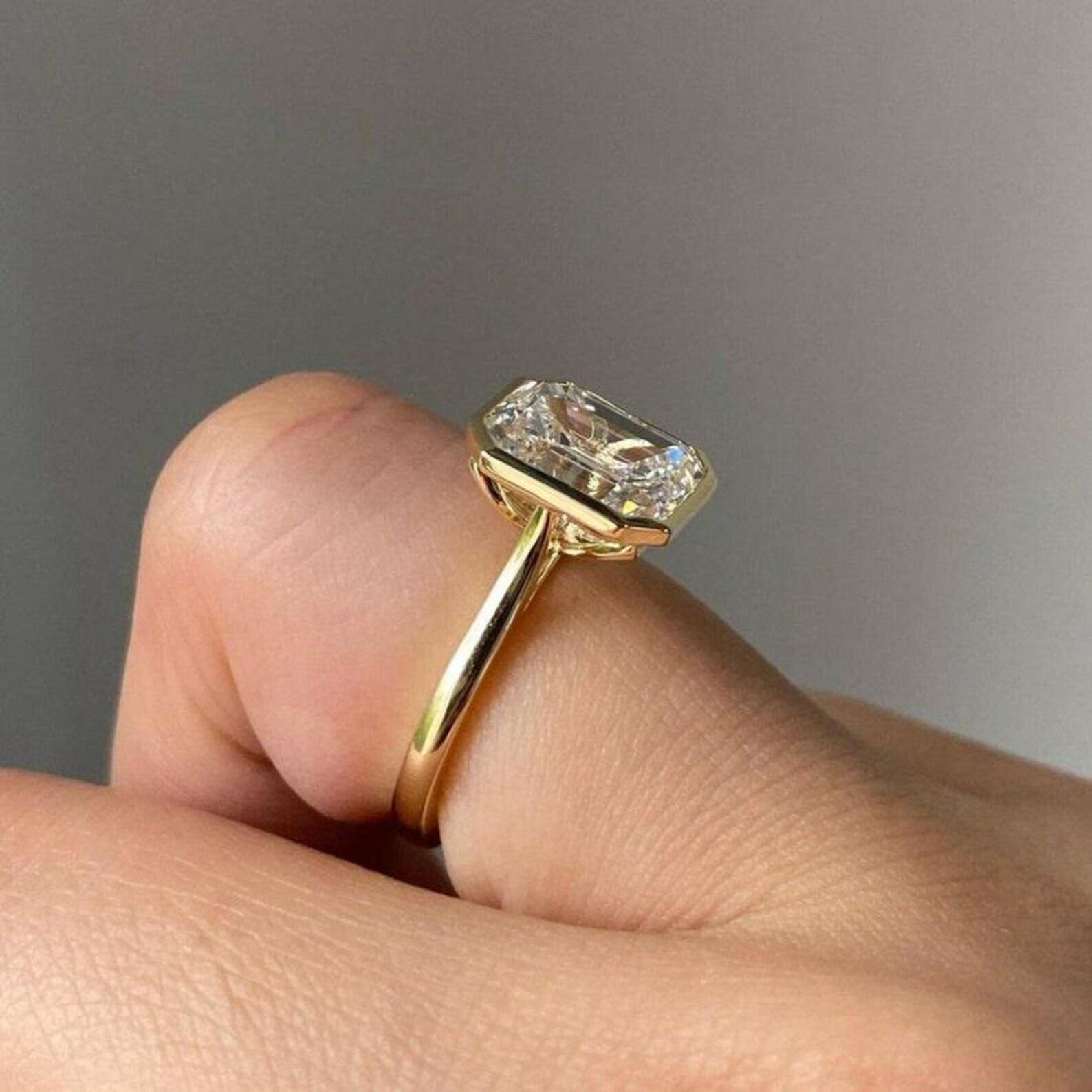 2CT Emerald Cut Lab Grown Diamond Ring, Bezel Set Solitaire, 14K Yellow ...