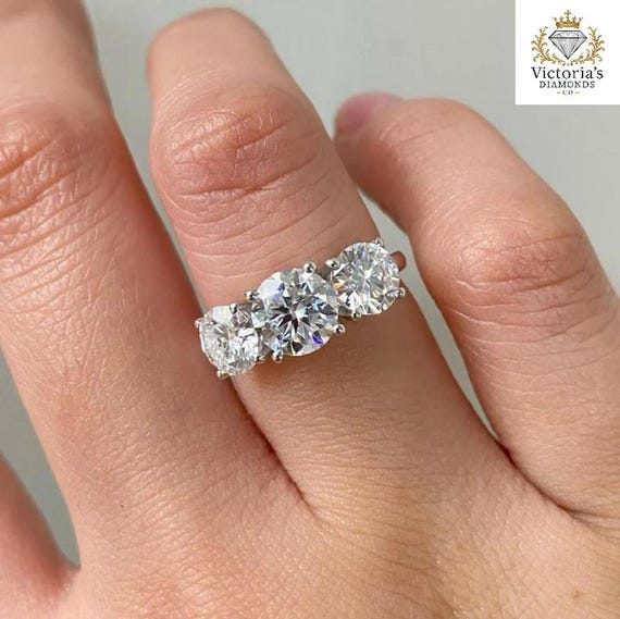 TC Round Cut Lab Diamond Trilogy Ring: 14k White Gold Wedding