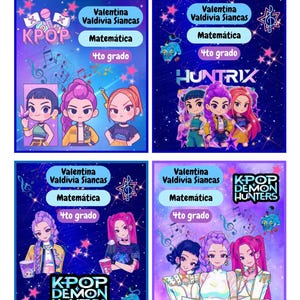 May include: Four colourful K-Pop themed illustrations with cartoon characters. Each design features the name "Valentina Valdivia Siancas", the subject "Matemática", and "4to grado". The designs include the text "KPOP", "HUNTRIX", and "KPOP DEMON HUNTERS".