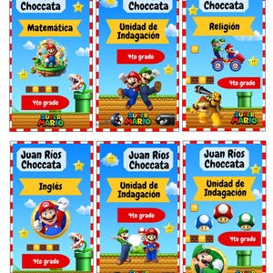 Peut inclure: Six cartes éducatives colorées sur le thème de Super Mario. Chaque carte affiche "Juan Ríos Choccata" et une matière comme "Matemática" ou "Inglés". Les cartes incluent également "4to grado" et la marque "Super Mario".