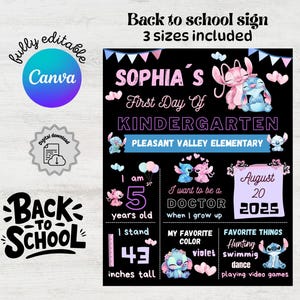 May include: A black and purple back-to-school sign for kindergarten, featuring the name "Sophia" and the date August 20, 2025. Includes Stitch cartoon characters, the text "I am 5 years old, I stand 109 cm tall."