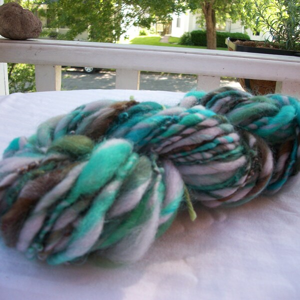 Thick and Thin Handspun Yarn Teal/Turquoise/Brown/Pink 50 yards