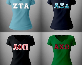 Custom Sorority Fitted V-Neck Shirt: Stitched Greek Letters