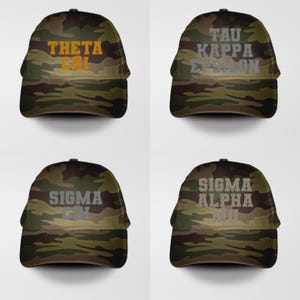 May include: Four camouflage trucker hats with different Greek letter sorority names embroidered on the front. The hats are all the same style, with a black mesh back and a green, brown, and black camouflage pattern on the front. The sorority names are: Theta Chi, Tau Kappa Epsilon, Sigma Chi, and Sigma Alpha Mu.