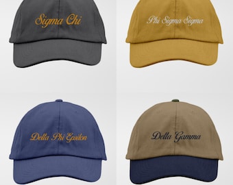 Embroidered Greek Letter Script only Pigment-Dyed Baseball Cap: Sorority Fraternity Gift