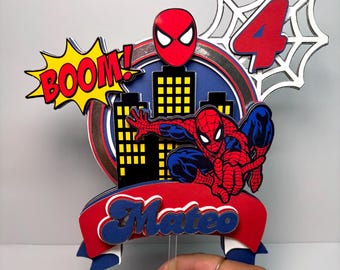 Adorno personalizado para tarta de cumpleaños de Spiderman/Decoración para fiesta de superhéroes con nombre personalizado
