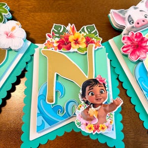 May include: A banner with a teal scalloped edge, featuring a gold letter "N" and a cartoon image of a baby girl with a flower crown. The banner is decorated with tropical flowers and ocean wave designs.