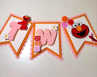 Custom Elmo Birthday Banner, Girly Sesame Street Party Decor, High Chair Banner