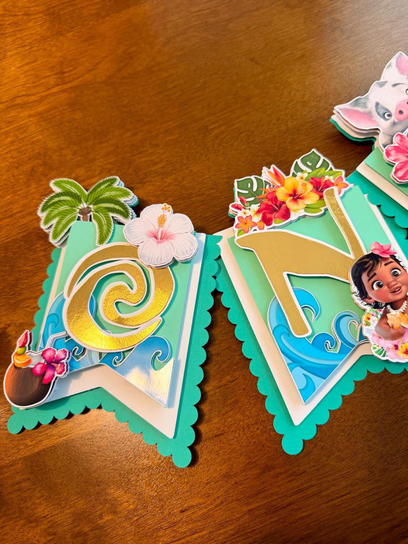 May include: A banner with a tropical theme, featuring cut-out letters and images. The banner has a teal scalloped edge and includes images of flowers, palm trees, and characters. The letters are gold and the background has a wave design.