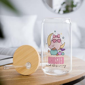 Ghosted and Thriving Glass Cup, Kawaii Pink Ghost Tumbler with Straw, Halloween Coquette Gift for Her, Iced Coffee Cup 16 oz