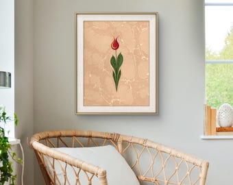 Tulip Ebru Art Print, Turkish Marbling Floral Wall Art, Ottoman Style Giclée