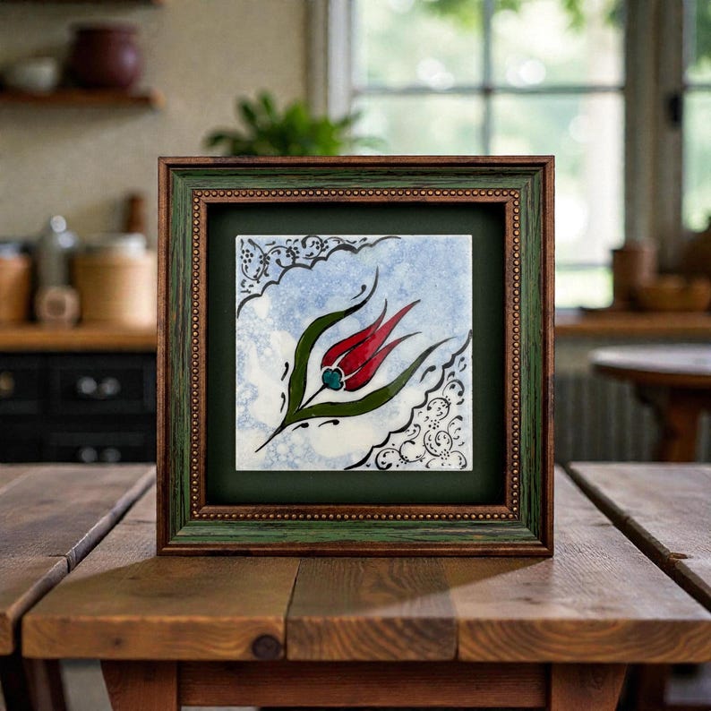 Hand-Painted Iznik Tulip Ceramic Tile – Framed Ottoman Wall Art (6.2 Inch) image 7