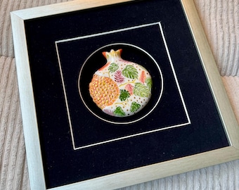 Handmade Ceramic Pomegranate Wall Art – Iznik Floral Sculpture, Silver Frame (12x12 inches)