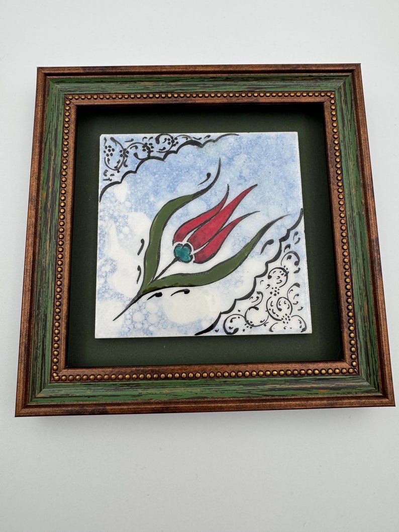 Hand-Painted Iznik Tulip Ceramic Tile – Framed Ottoman Wall Art (6.2 Inch) image 3