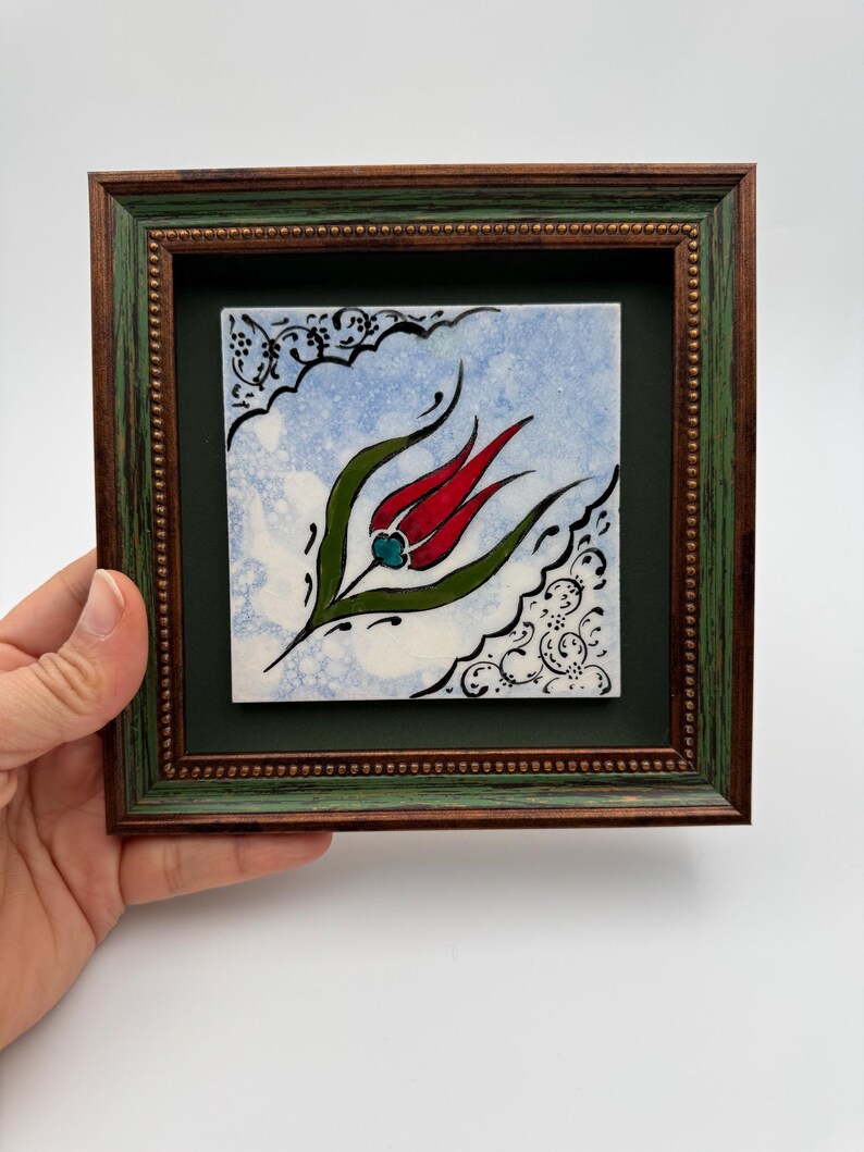 Hand-Painted Iznik Tulip Ceramic Tile – Framed Ottoman Wall Art (6.2 Inch) image 6