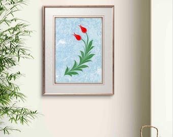 Tulip Ebru Art Print, Turkish Marbling Wall Art, Ottoman Floral Giclée