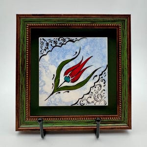 Hand-Painted Iznik Tulip Ceramic Tile – Framed Ottoman Wall Art (6.2 Inch) image 2