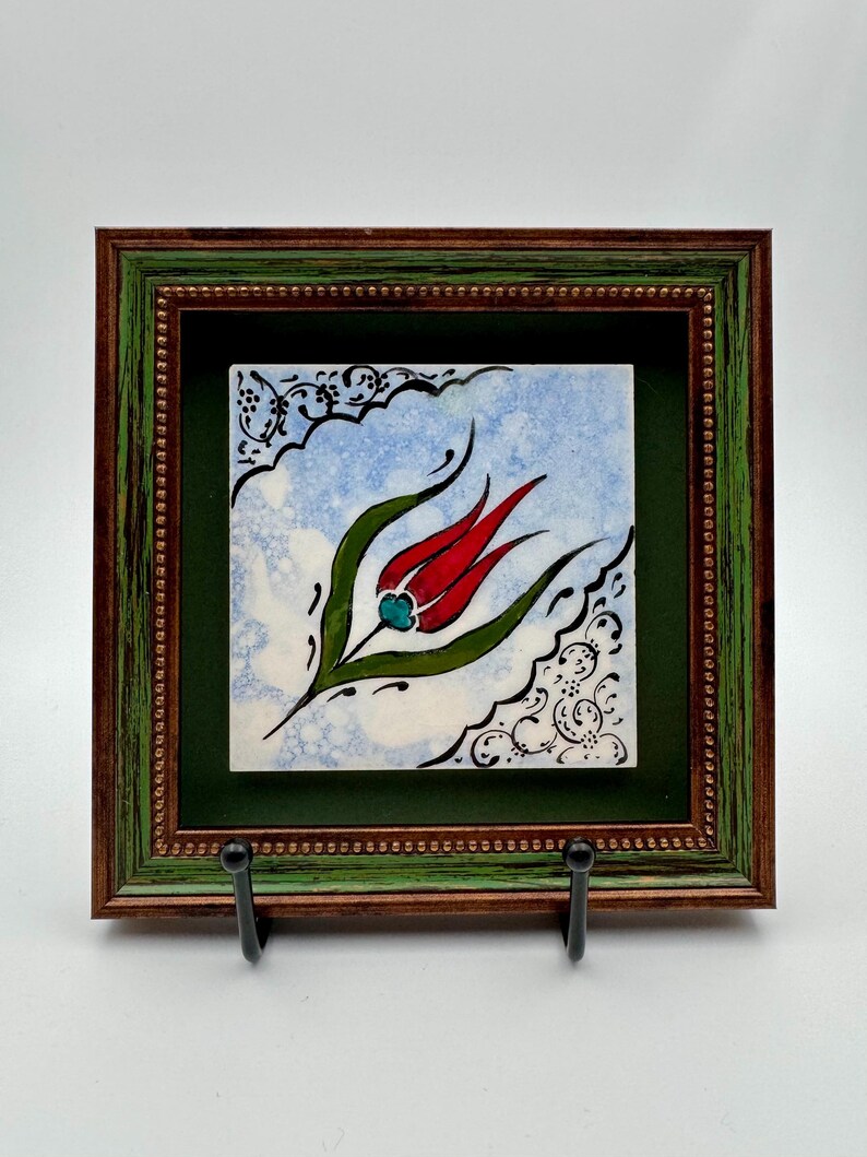 Hand-Painted Iznik Tulip Ceramic Tile – Framed Ottoman Wall Art (6.2 Inch) image 2